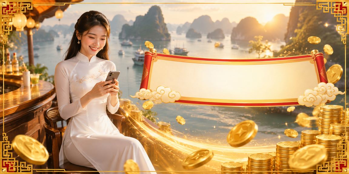 Phụ nữ mặc áo dài truyền thống Việt Nam chơi casino trên điện thoại di động bên vịnh Hạ Long